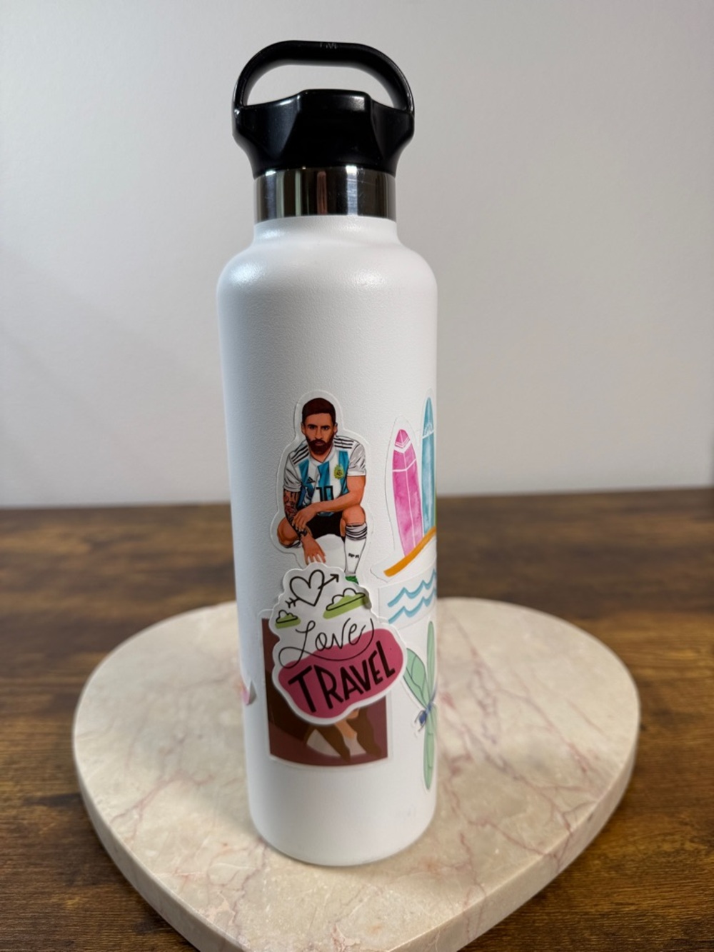 White Stainless Steel Water Bottle Tumbler with Black Lid & Stickers, 24 Oz